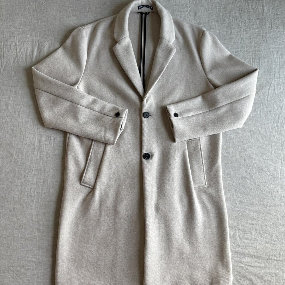 [MENS XL] Zara Peacoat with Wool Overcoat Light Beige Button Slim Fit EXCELLENT